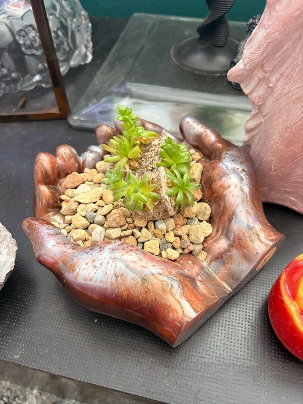 Handmade resin Hands Planter- silver and orange